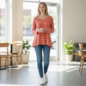 Anthropologie Postmark Striped Top Womens Small Orange Long Sleeve Tie Back